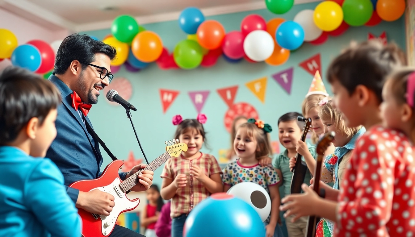 Birthday party entertainers engaging children at a joyful celebration with colorful decorations.