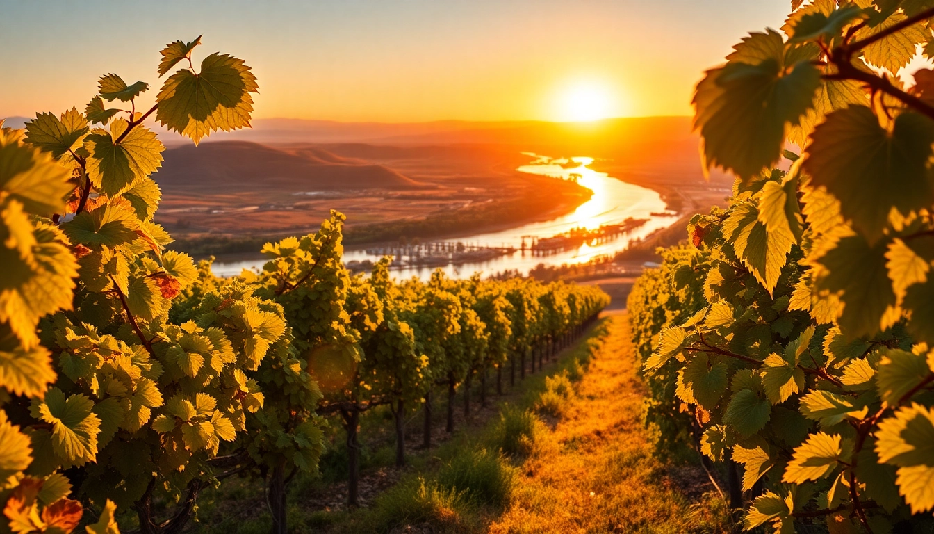 Scenic landscape of Clarksburg California featuring vineyards and the river during sunset.
