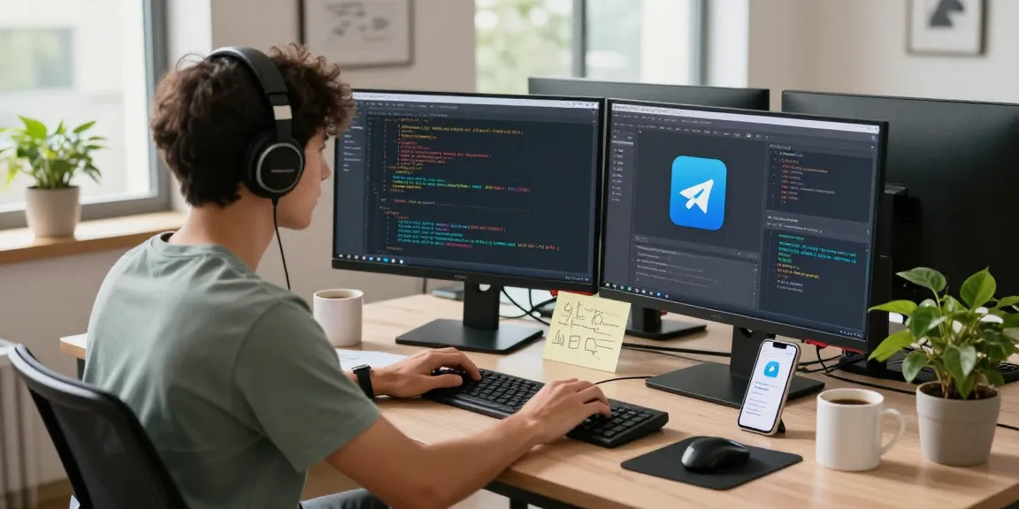 Developer coding Telegram中文 app in a modern tech workspace.