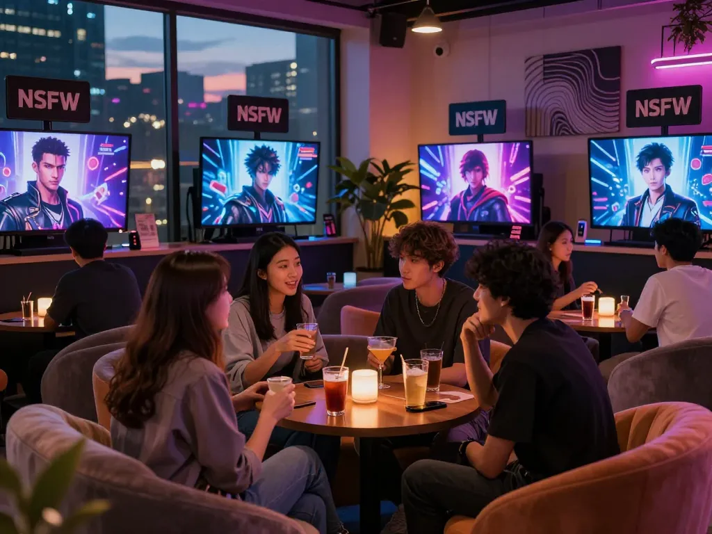 Engaging discussion in a vibrant lounge about nsfw ai characters and technology.