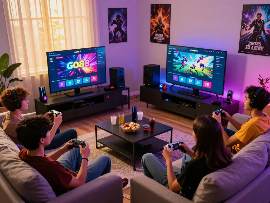 Friends enjoying competitive gaming on go88 platform in modern living room with exciting atmosphere.