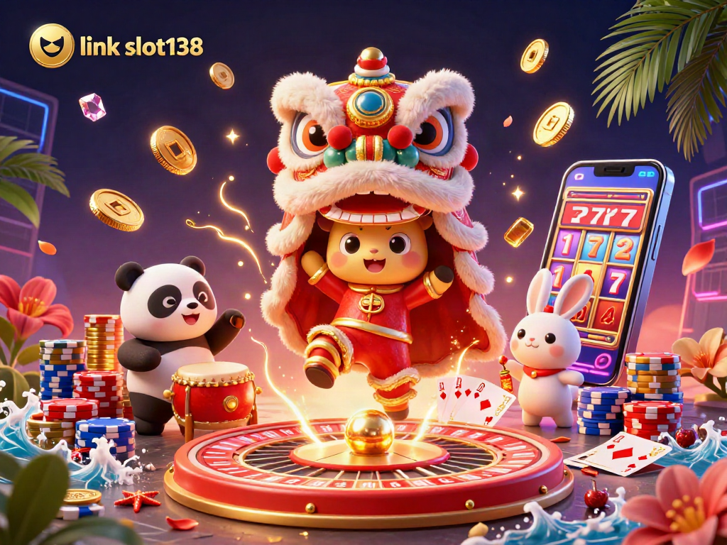 Engage with link slot138 in a vibrant 3D casino scene full of energy and winning elements.