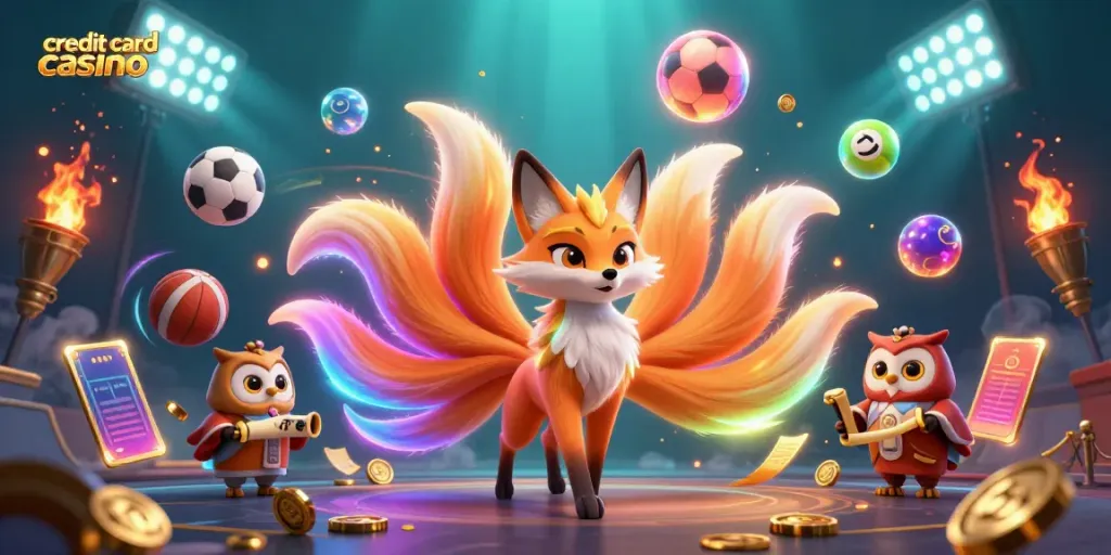 Engage with the vibrant world of credit card casinos, featuring a neon fox spirit and glowing orbs.