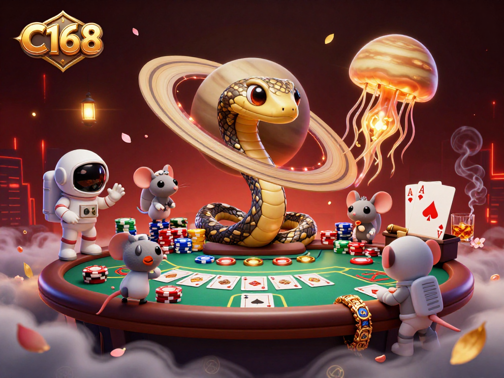 C168 offers an engaging casino scene with adventurous astronaut mice betting on a cosmic roulette, surrounded by vibrant gaming elements.