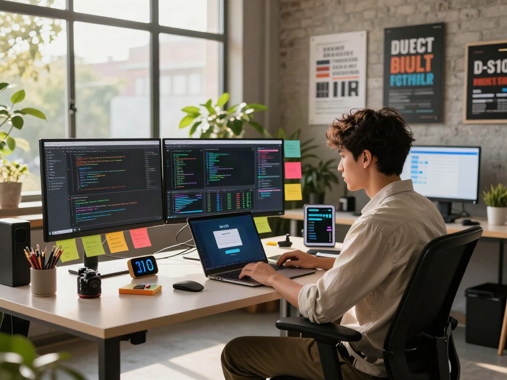 Focused professional using the bro138 login on a sleek modern workstation, surrounded by tech tools and bright light.