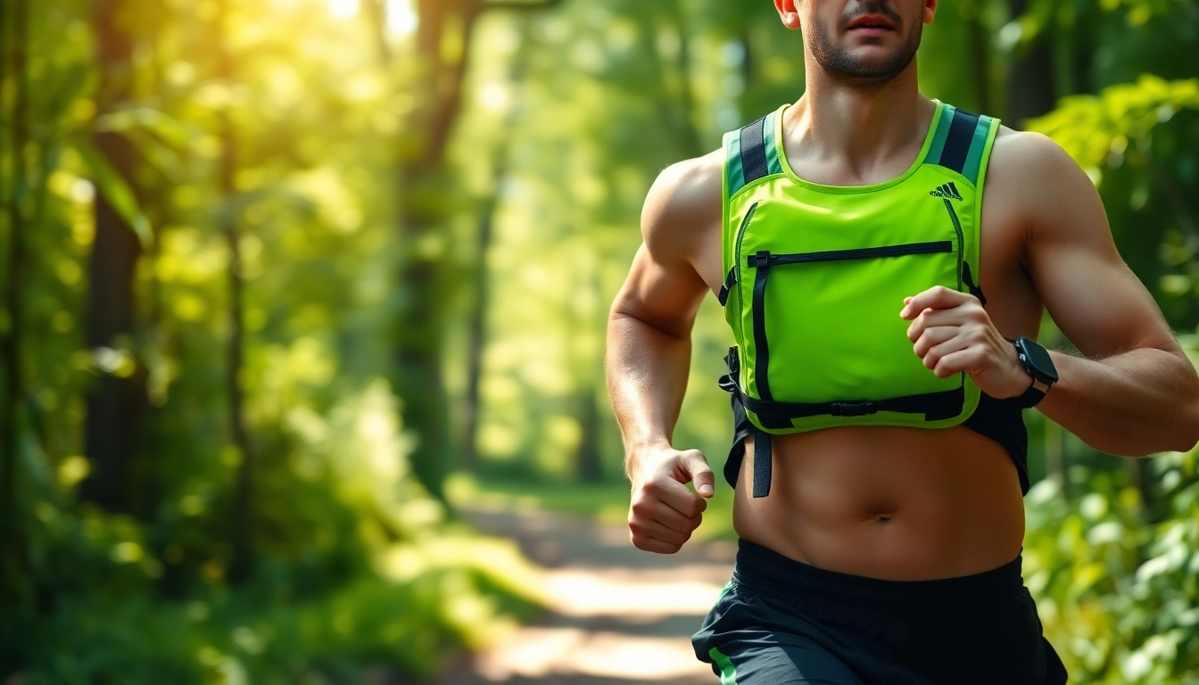 Runner in hydration pack vest navigating a forest trail, showcasing athleticism and adventure.