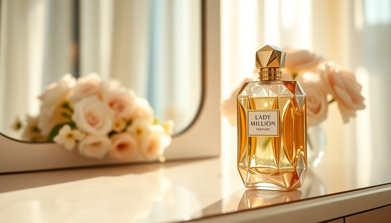 Captivating lady million perfume featured elegantly alongside delicate floral decor.