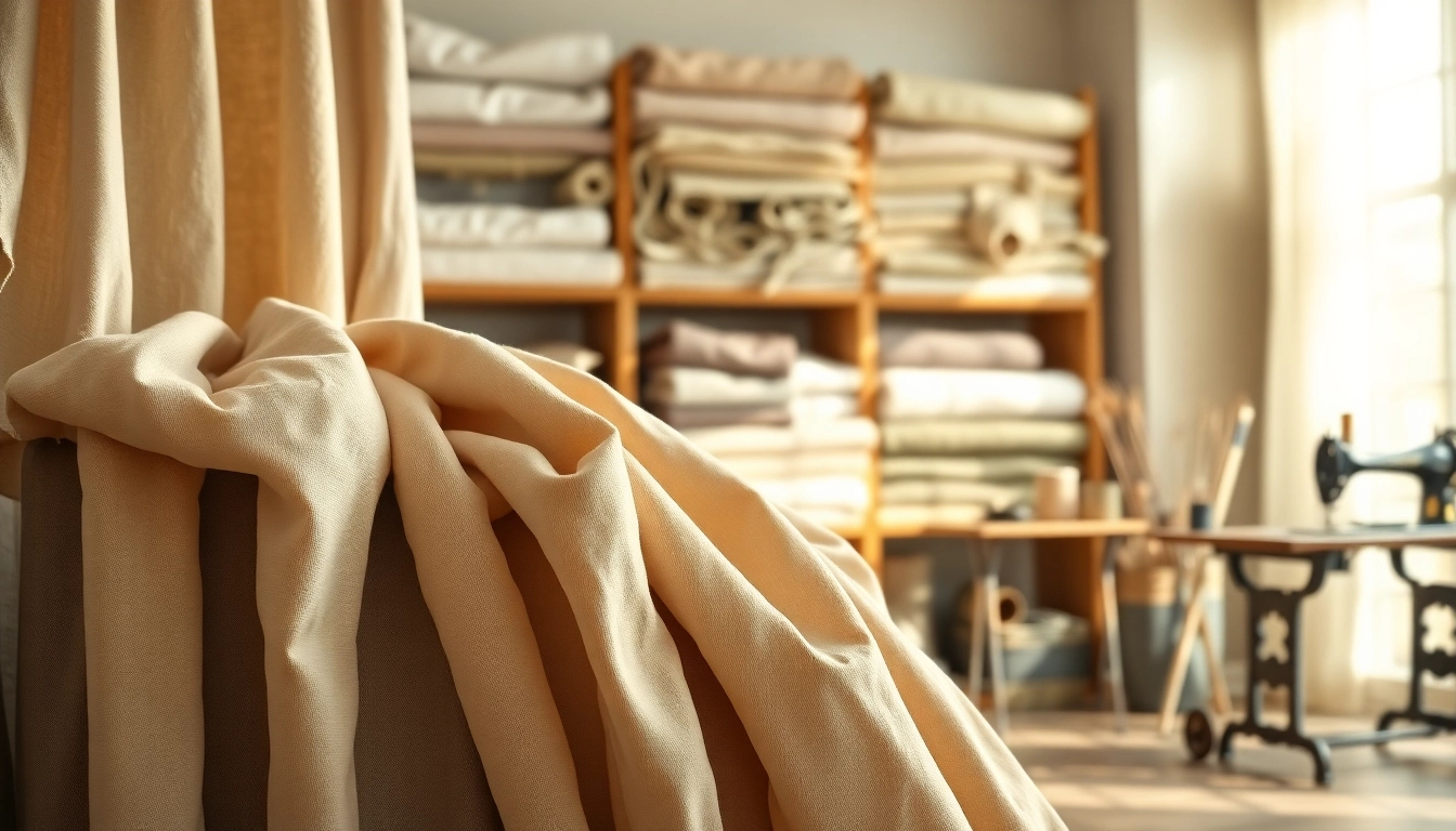 Bekijk prachtige linnen stoffen met diverse texturen en kleuren in een sfeervolle winkel.