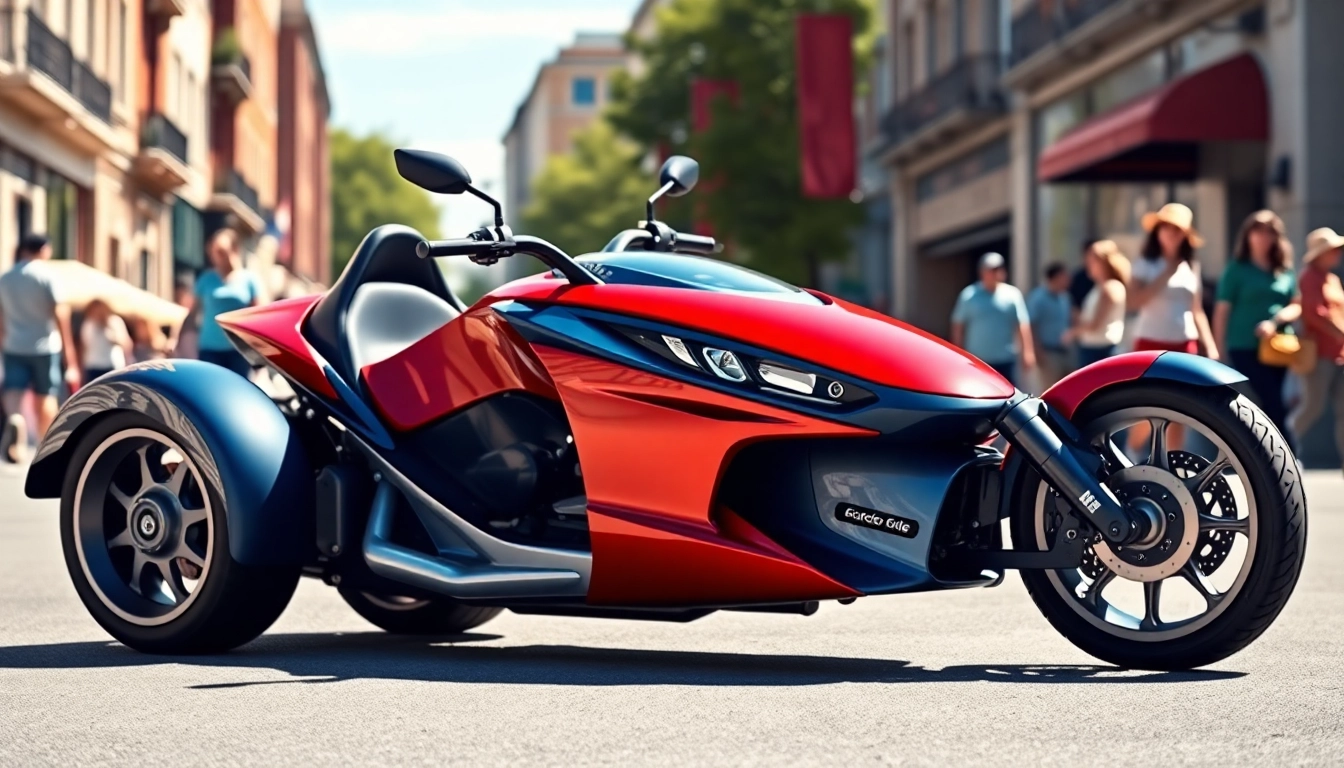 Showcasing a sleek cheap street legal three wheeler trike in a vibrant urban setting.