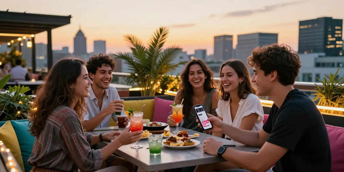 Young adults socializing at a rooftop bar, discussing rokok88 while enjoying drinks and city views.