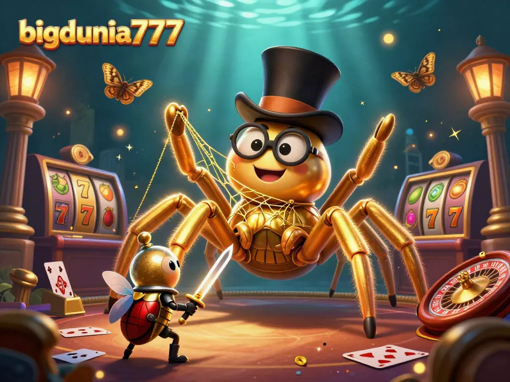 Join the excitement with bigdunia777 as you spin slot reels surrounded by a golden arachnid and brave beetle knight.