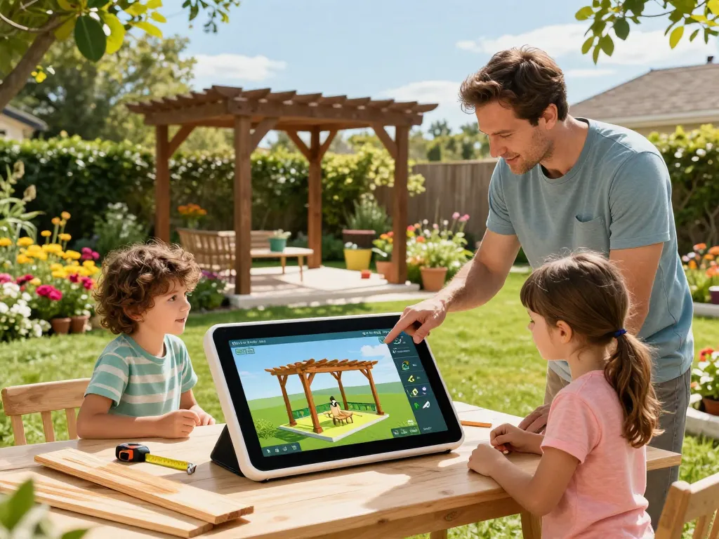 Family engaging in a creative outdoor design session with a 3D pergola configurator, showcasing vibrant customization options.