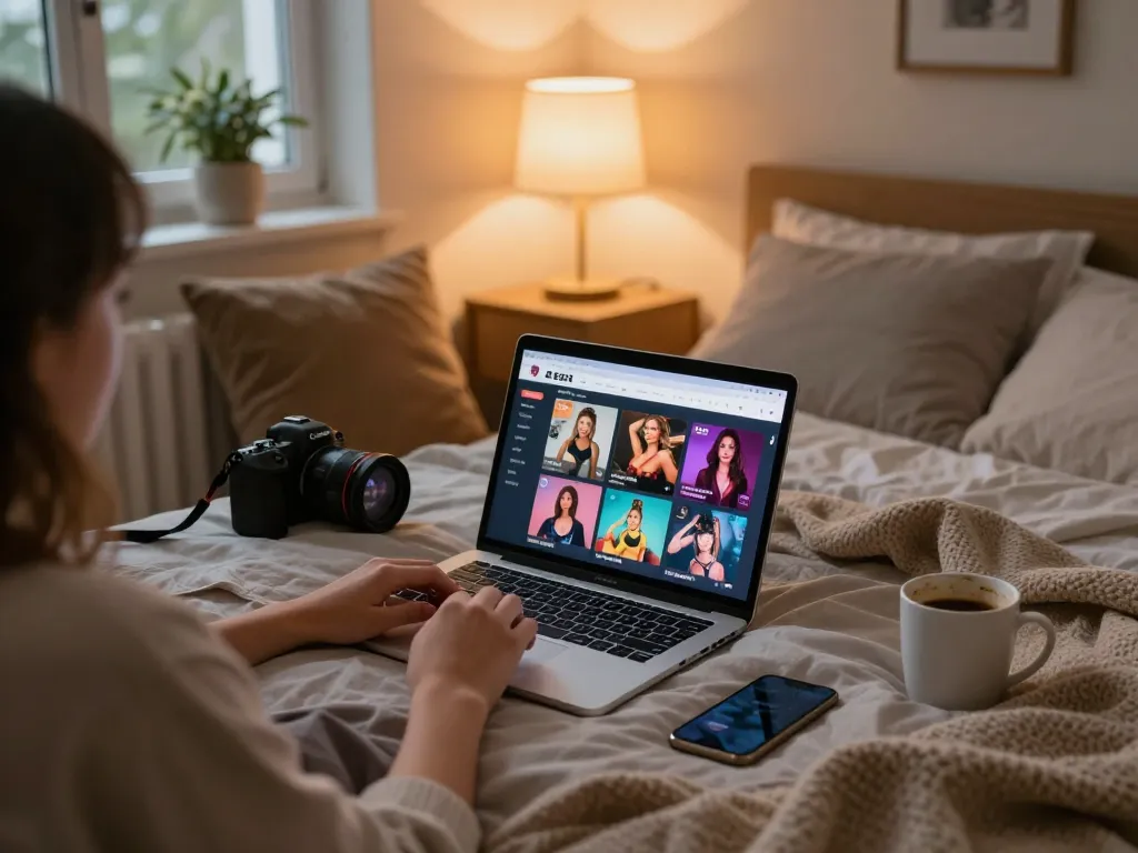 Cozy bedroom scene showcasing a person exploring free sex games on their laptop, inviting atmosphere with warm lighting.