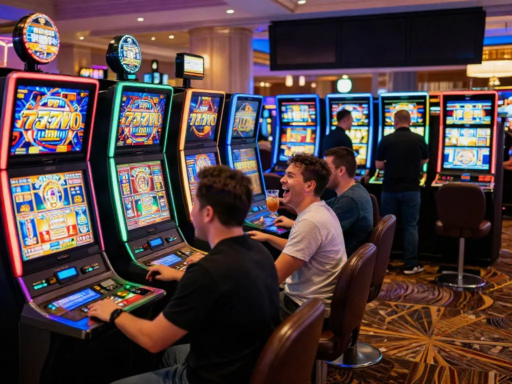 Permainan slot777 yang seru di kasino, pemain merayakan kemenangan.