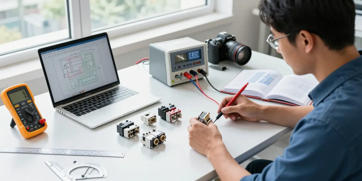 Engineer analyzing IEC connectors in a bright workspace with technical resources.