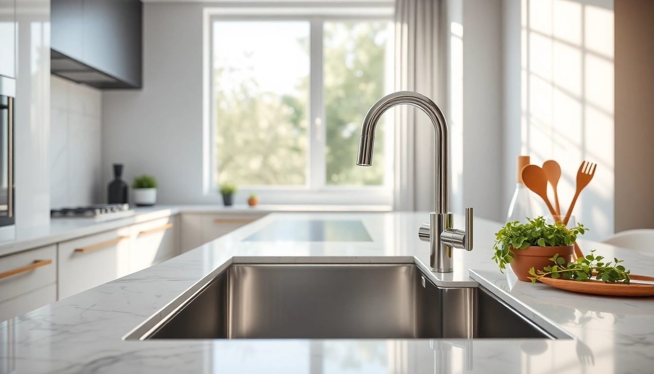 Chefs preparing food at a kitchen sink in stainless steel surrounded by modern amenities.