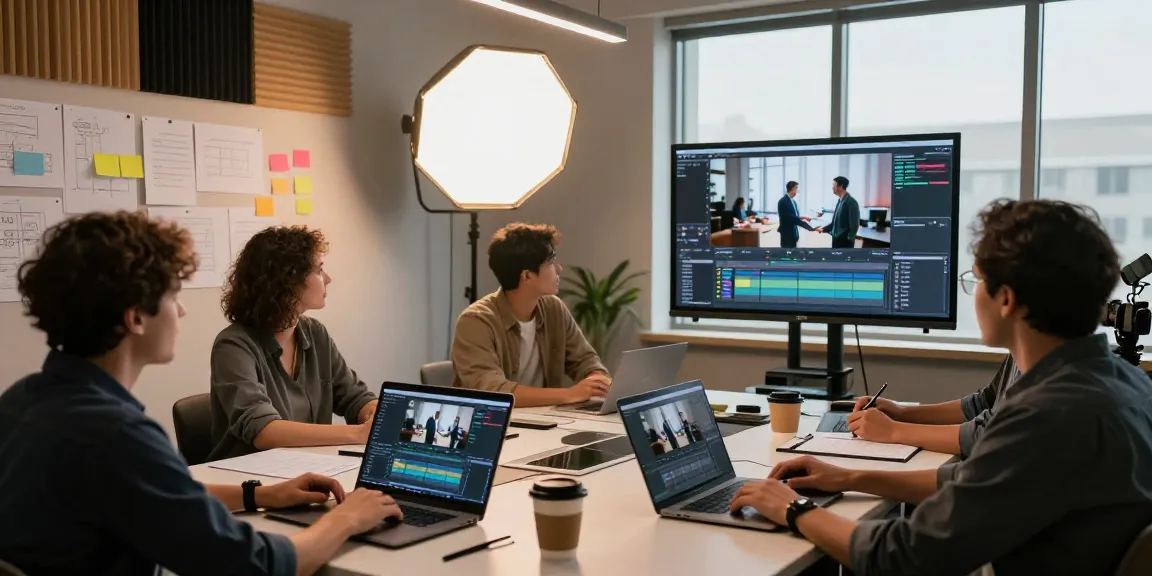 Engaging corporate video recording scene showcasing a creative team brainstorming ideas in Singapore.