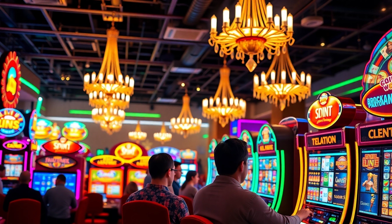Jelajahi slot online di kasino yang ramai dengan mesin yang berkelap-kelip.
