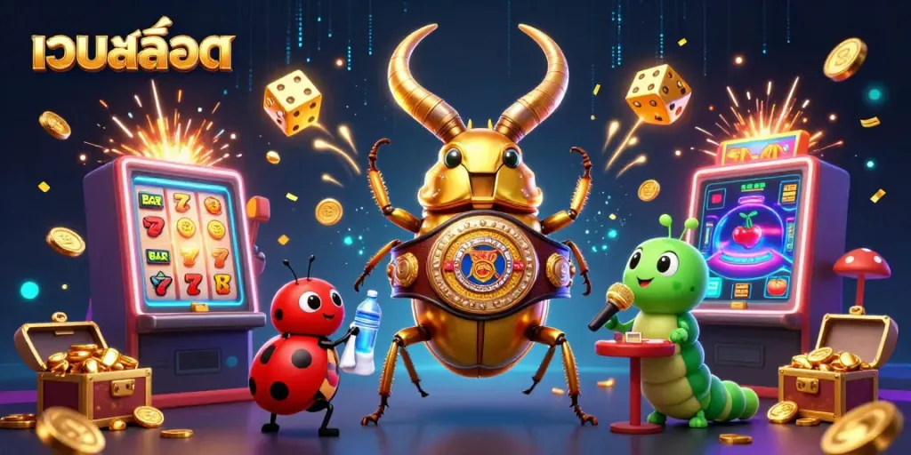 Engaging เว็บสล็อต illustration with a golden stag beetle and colorful casino elements bursting with excitement.