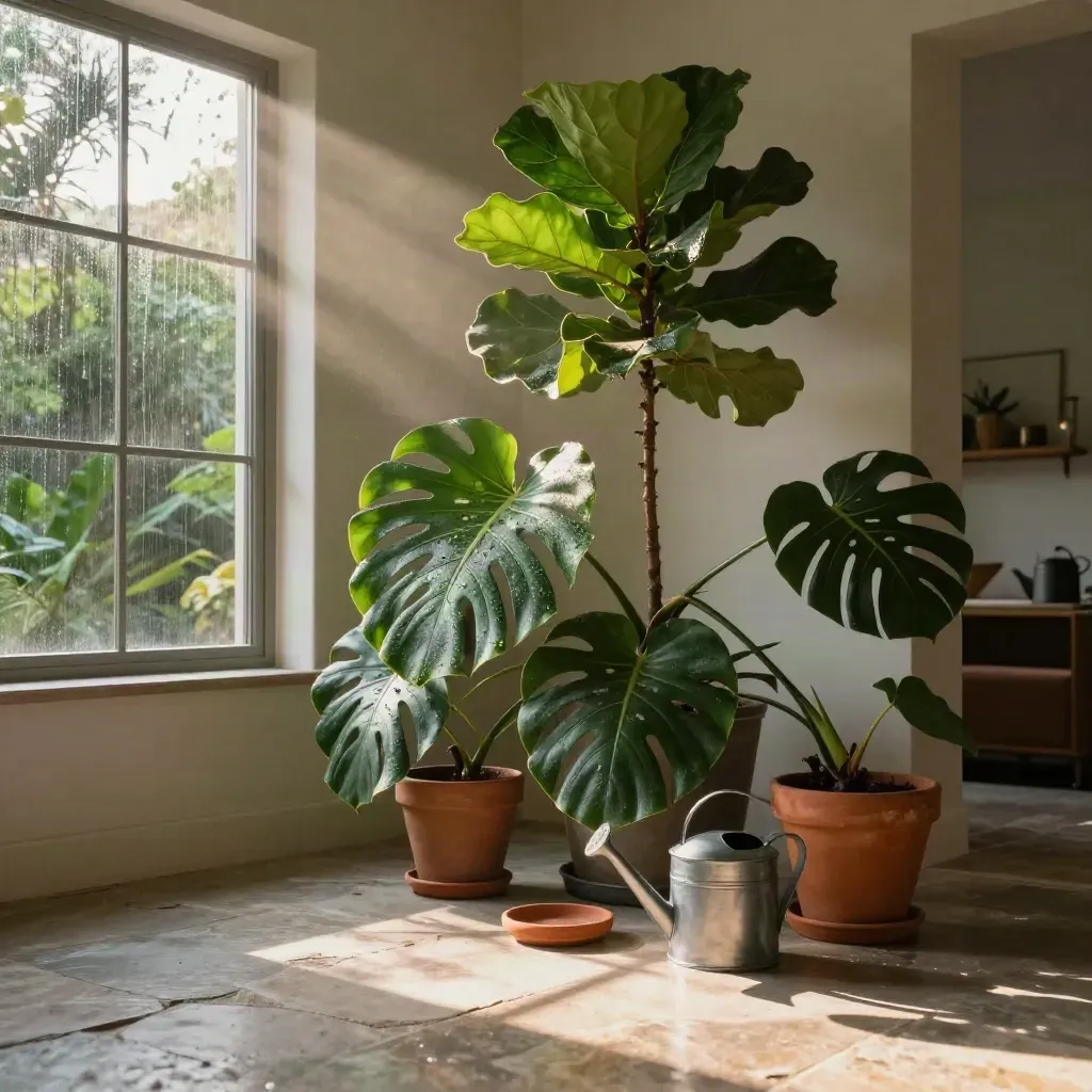 Indoor jungle corner in an Austin living room, rain-glossed fiddle-leaf fig and monstera with watering can.