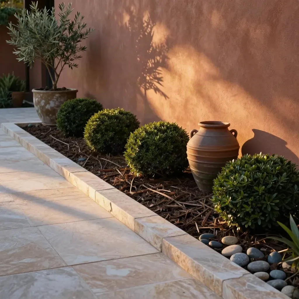 Cinematic entry garden bed with boxwood, limestone edging, river stones, and clay pots by stucco wall.