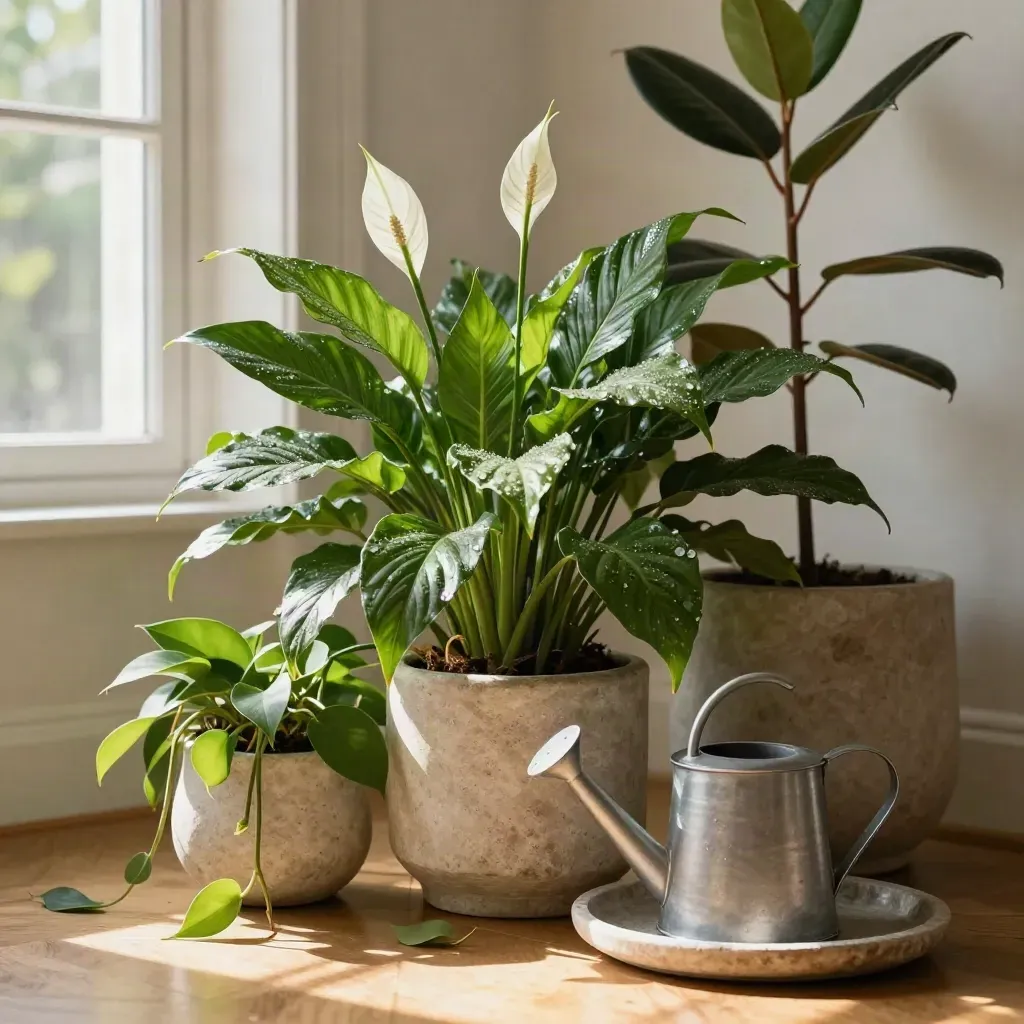 Sunlit houseplants with watering can in a warm home corner after care