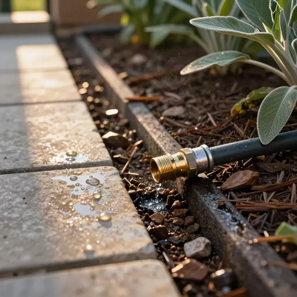 Repaired drip line beading water beside wet pavers and gravel mulch in a garden.