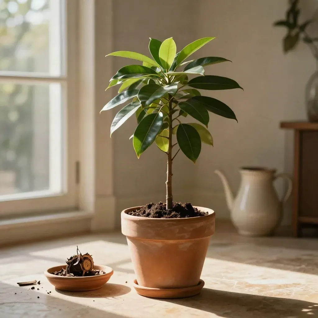 Rescued ficus benjamina in clay pot with fresh soil and cuttings, low in warm window light.