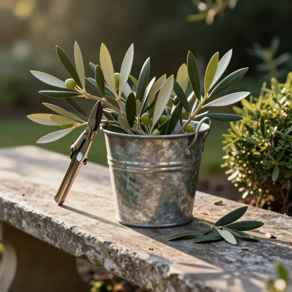 Freshly clipped olive branches and pruning tools in a galvanized trug beside a pruned shrub.