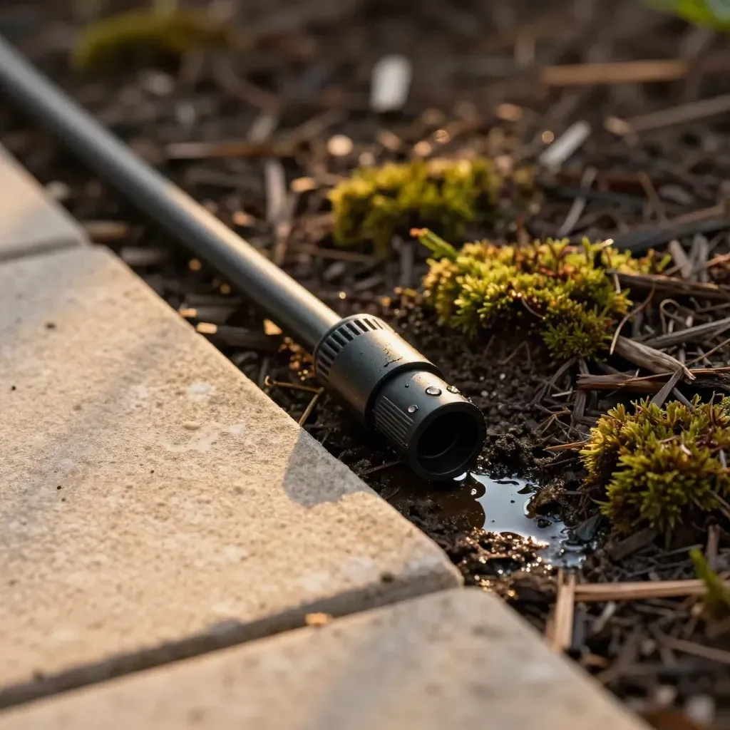 Low irrigation line with repaired coupling, dry mulch and pale pavers, moss tufts, cool damp air.