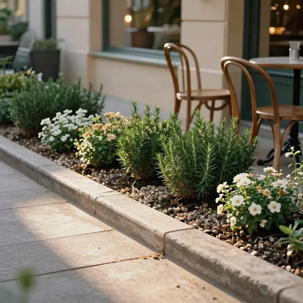 Cafe courtyard bed with rosemary, limestone edging, gravel mulch, and empty bistro chairs in warm light.