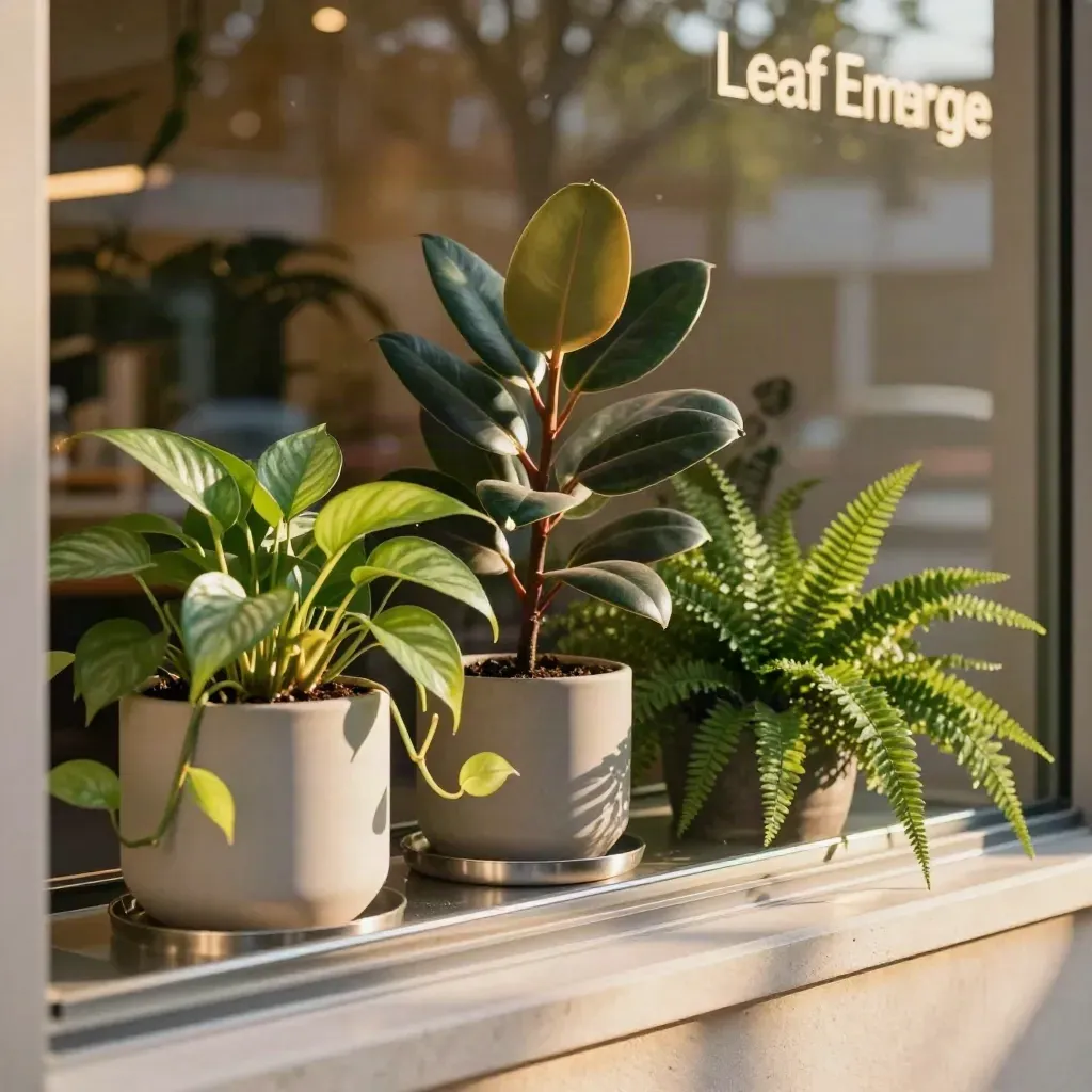 Tidy boutique window plants with reflections, warm sun, and a clean green display