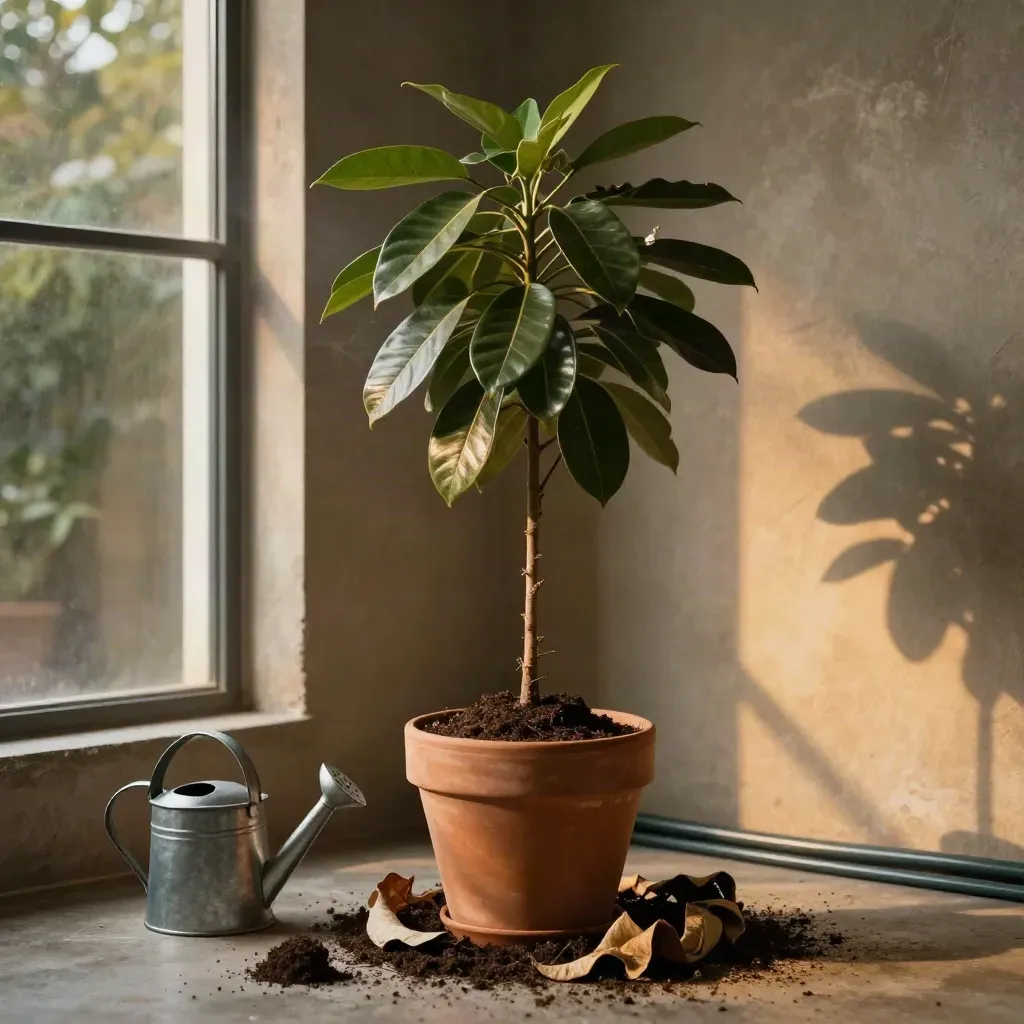 Rescued ficus in a moody sunlit room with fresh soil and trimmed foliage.