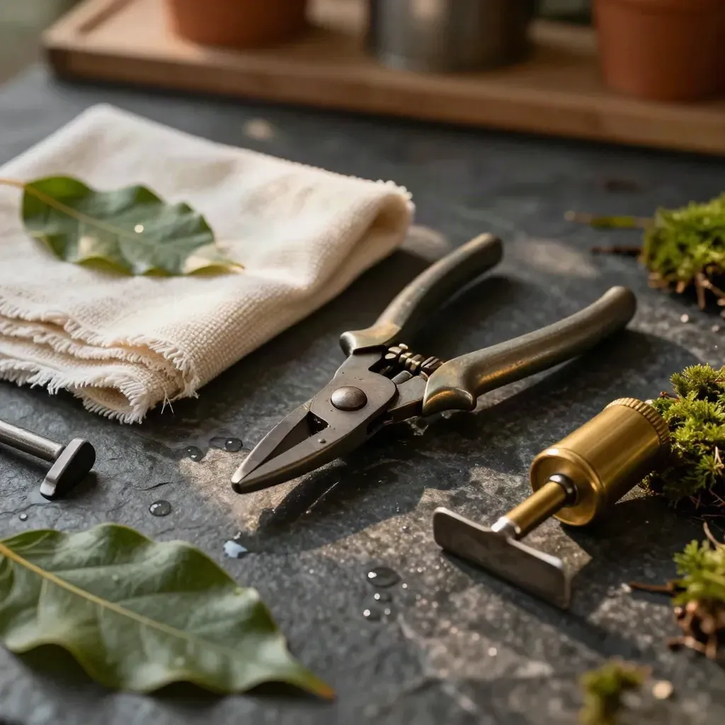 Pruners, cloth and brass spray nozzle on a dark stone workbench with moss and water beads.