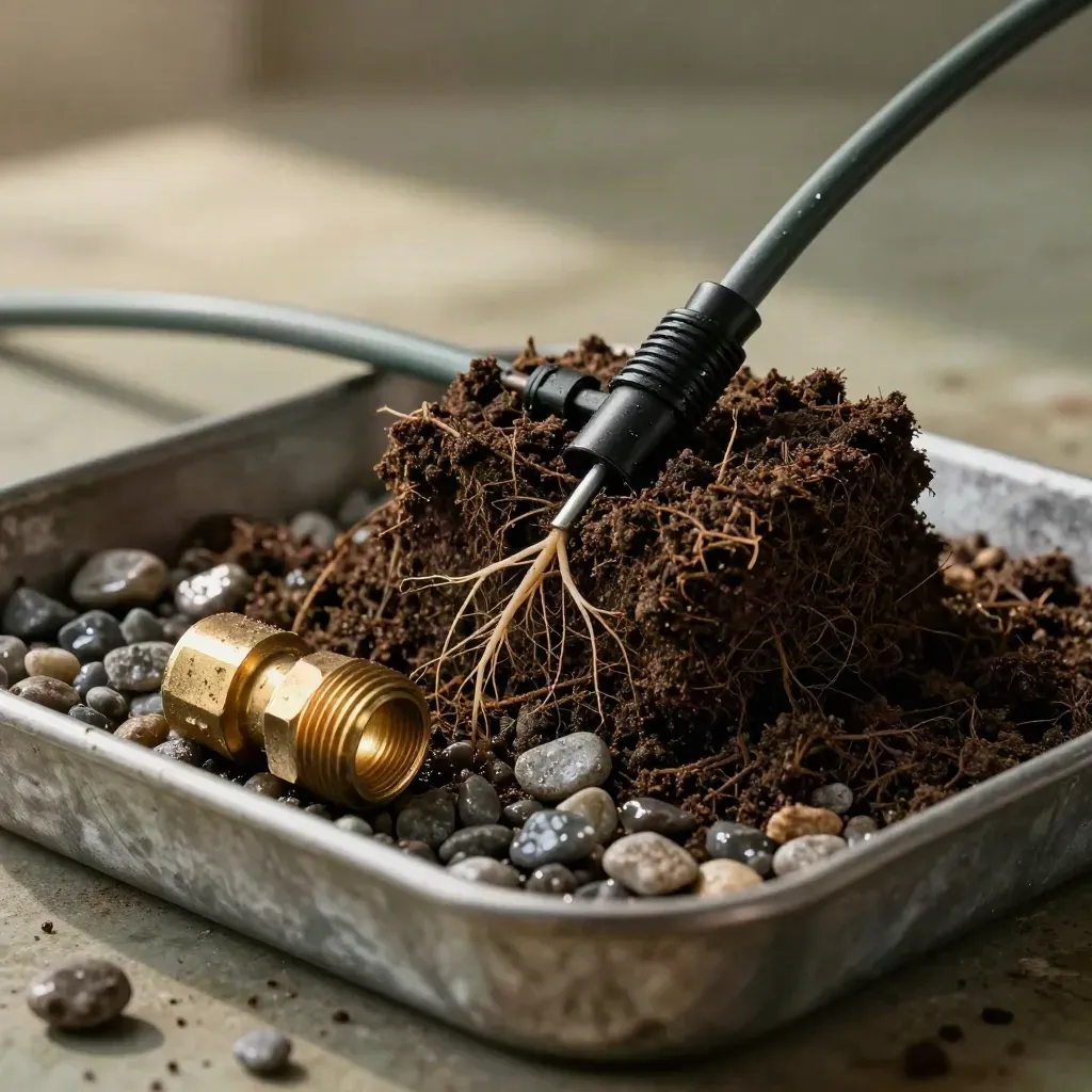 Macro of soil core, drip emitter, brass fitting and damp gravel in a tray.