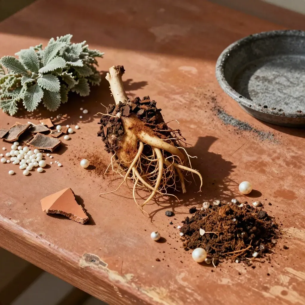 Overhead plant-rescue still life with roots, bark chips, perlite and terracotta shards.