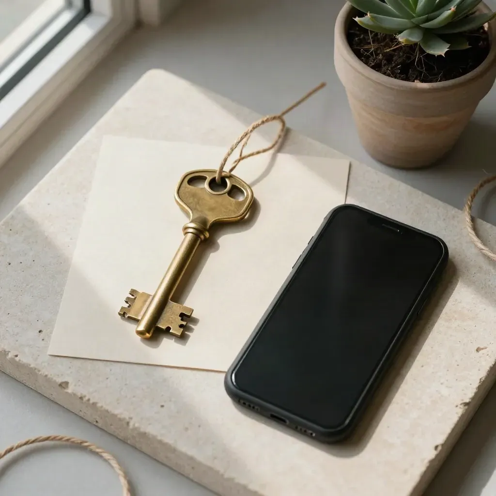 Overhead flatlay of a brass key, phone, potted cutting and twine on pale stone.