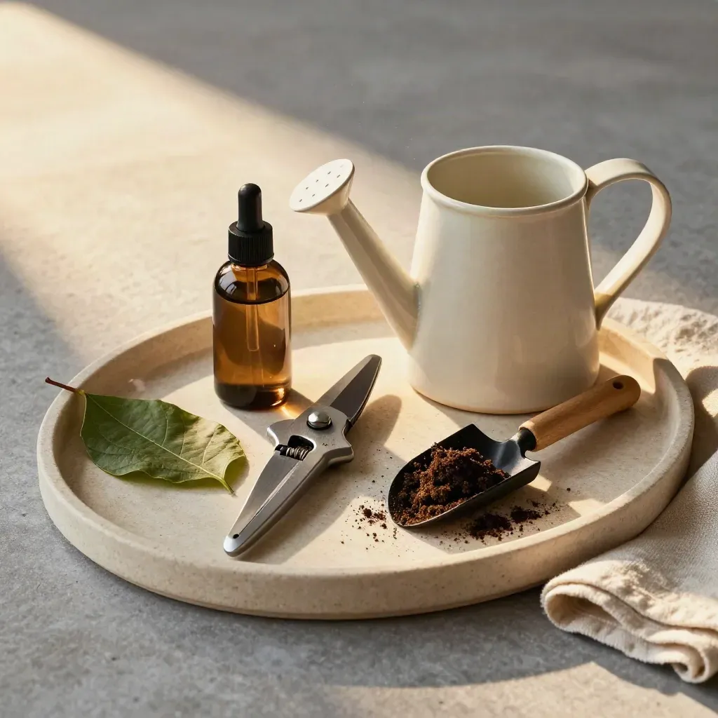 Gardening service tools on a stone tray with clipped stems and a folded cloth