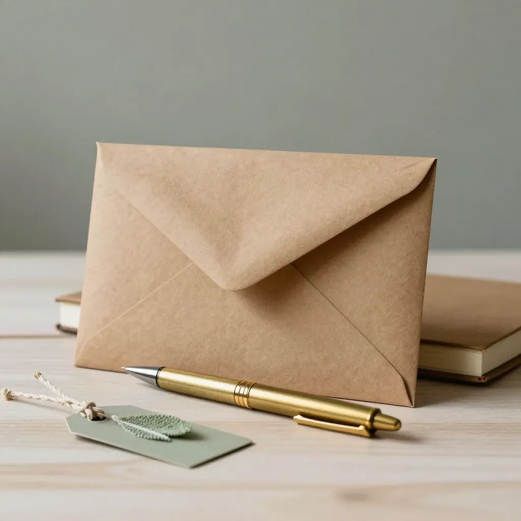 Kraft envelope, notebook, brass pen, and twine plant tag on pale wood in soft side light