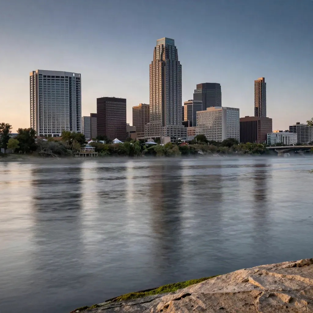 Hazy Austin skyline over Lady Bird Lake at blue hour, calm water foreground and warm city glow.