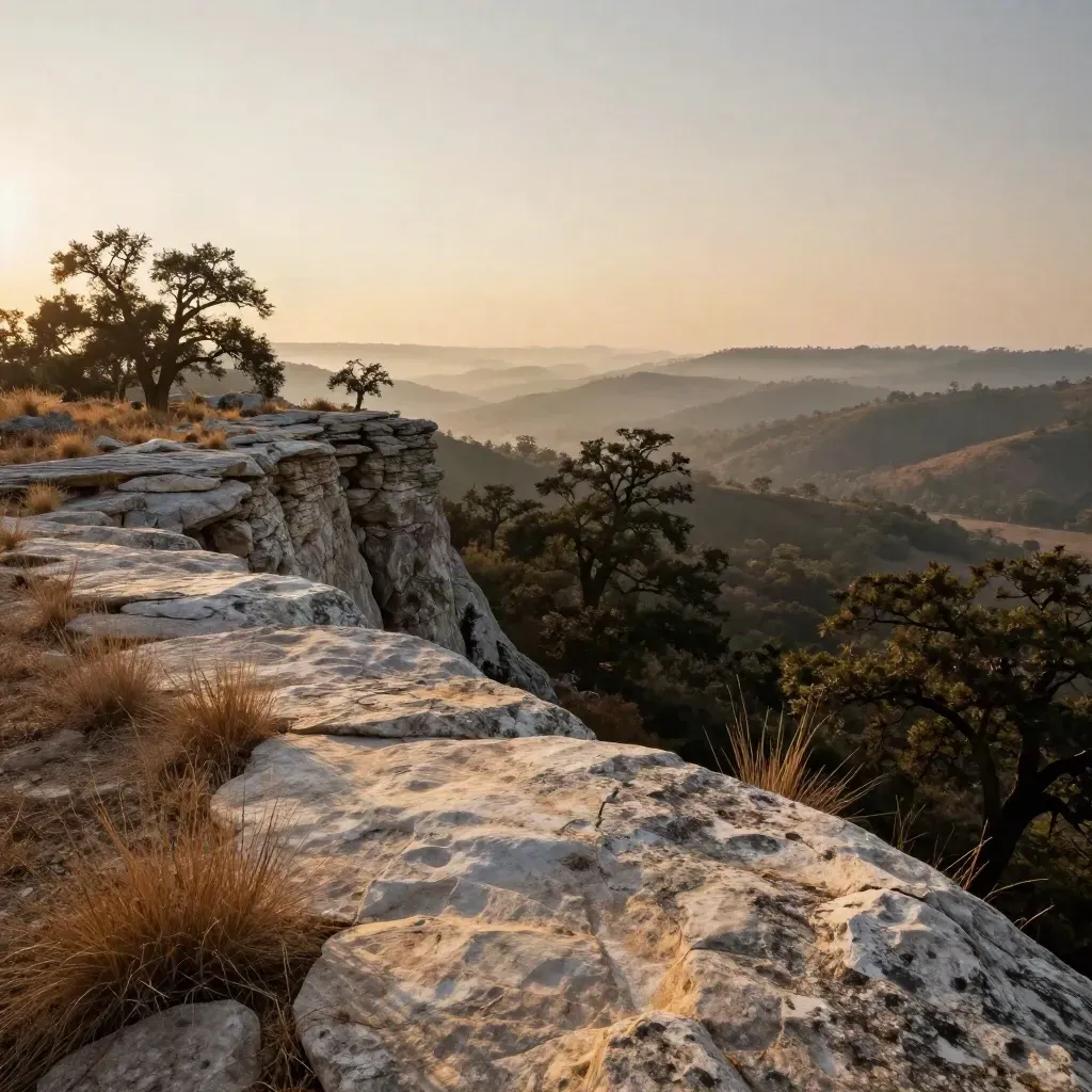 West Austin limestone overlook with live oaks and glowing sunset haze over layered hills.