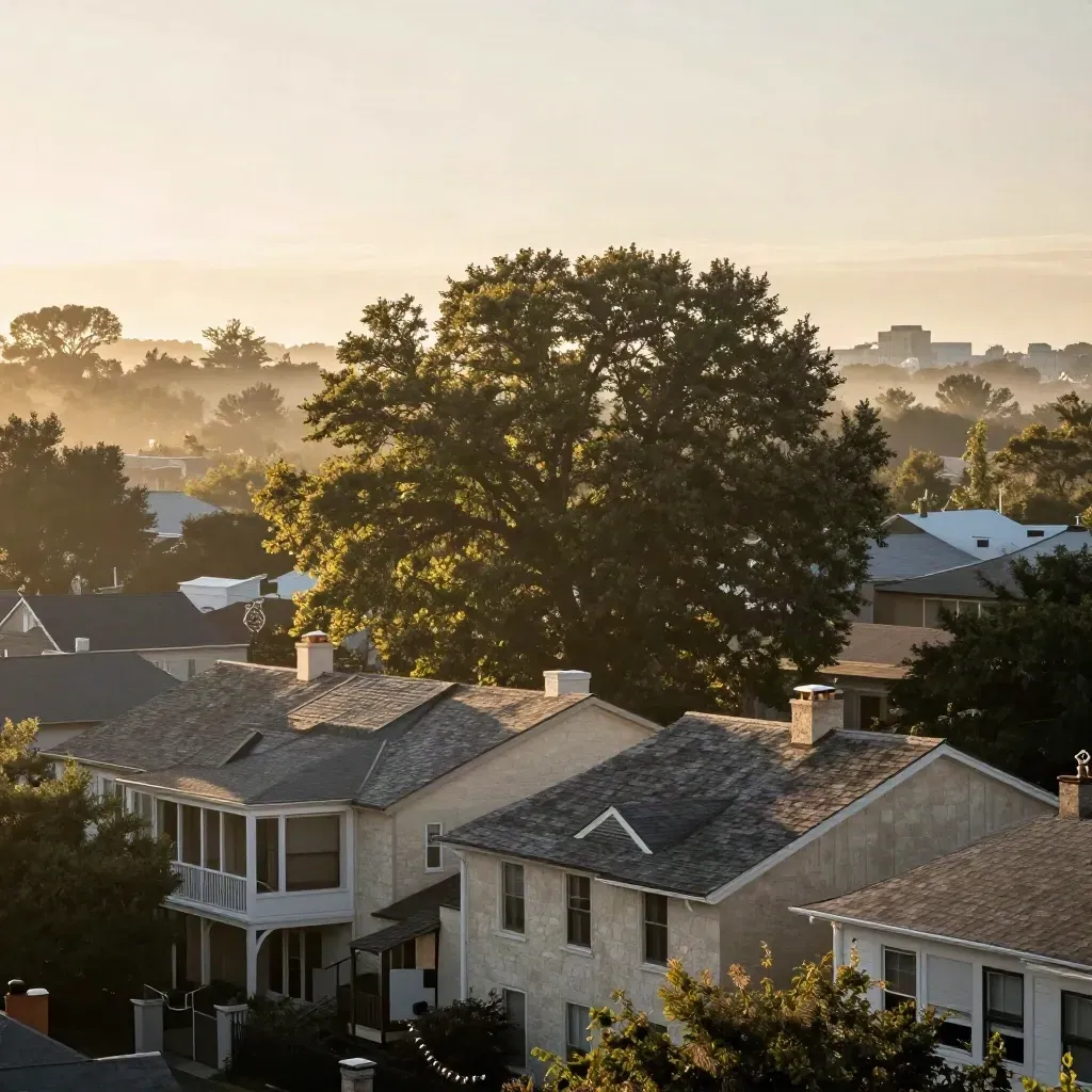 North Austin rooftops and pecan trees in warm dawn mist