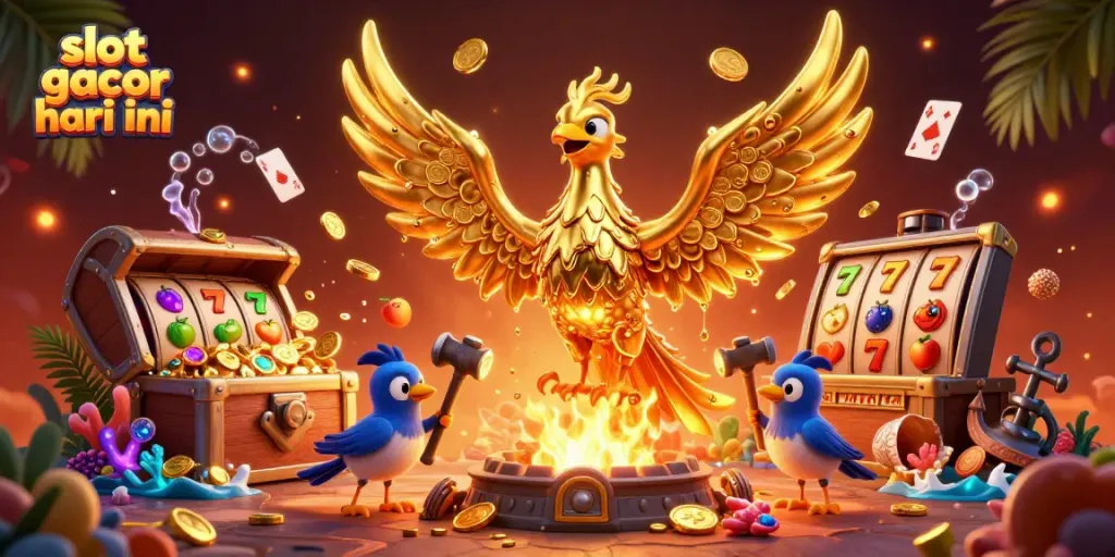 Permainan slot gacor hari ini dengan phoenix dan koin emas meledak dari peti harta karun yang berkilau.
