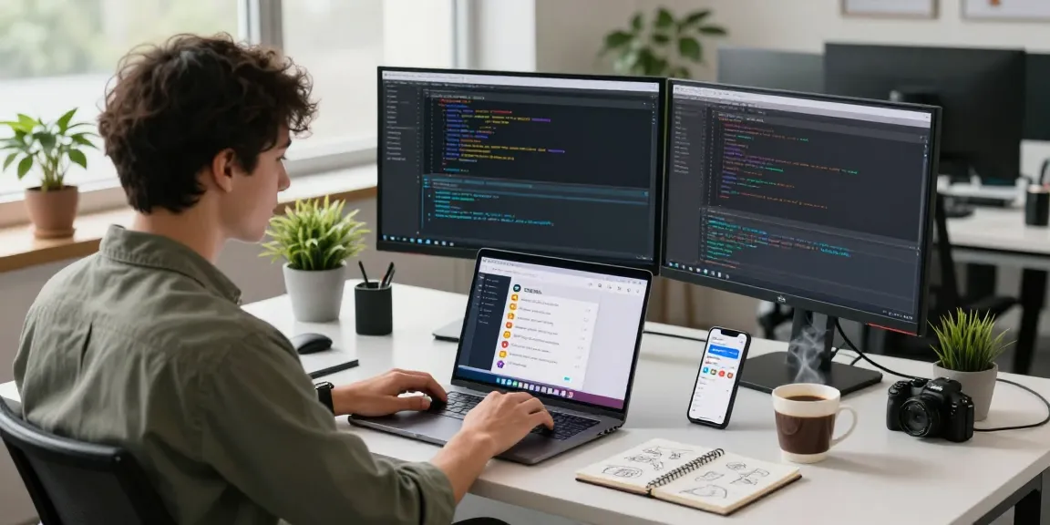 Modern tech workspace showcasing 纸飞机中文版 interface on laptop amidst a vibrant professional environment.