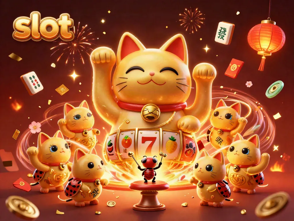 Symbolize slot gaming with a giant lucky cat made of glowing fireflies in a festive casino scene.