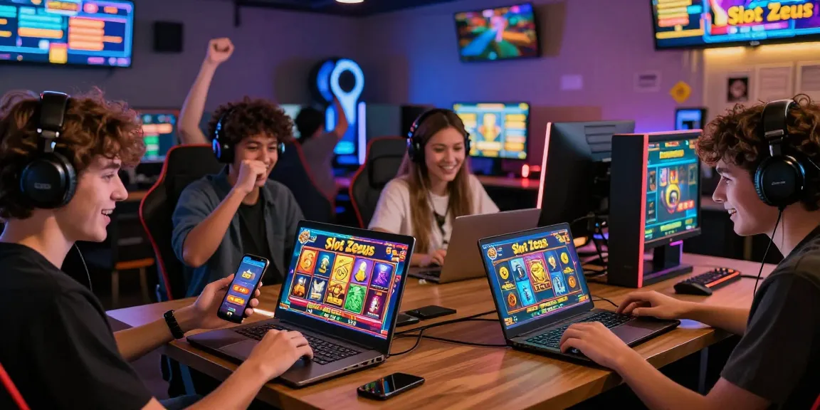 Excited players experiencing Slot Zeus game on multiple devices in a vibrant gaming lounge