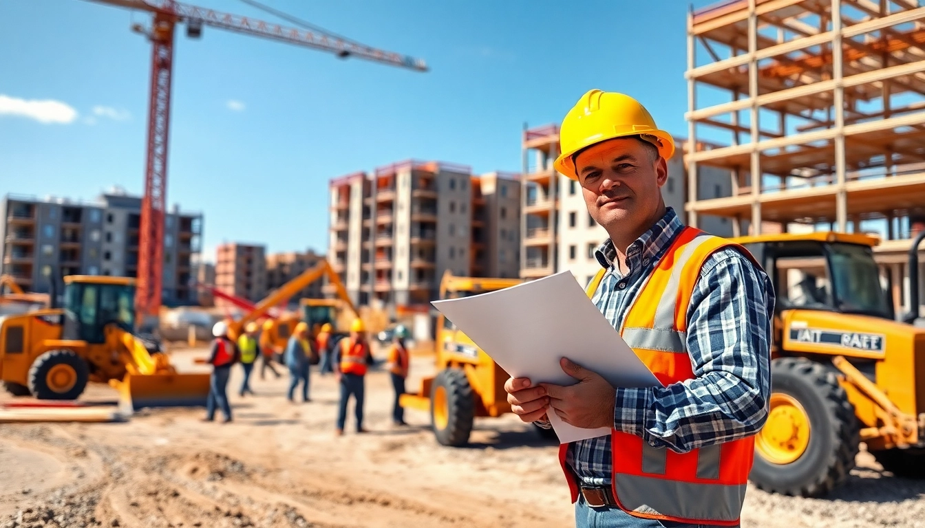 New Jersey Construction Manager overseeing an active construction site with crew members and machinery.