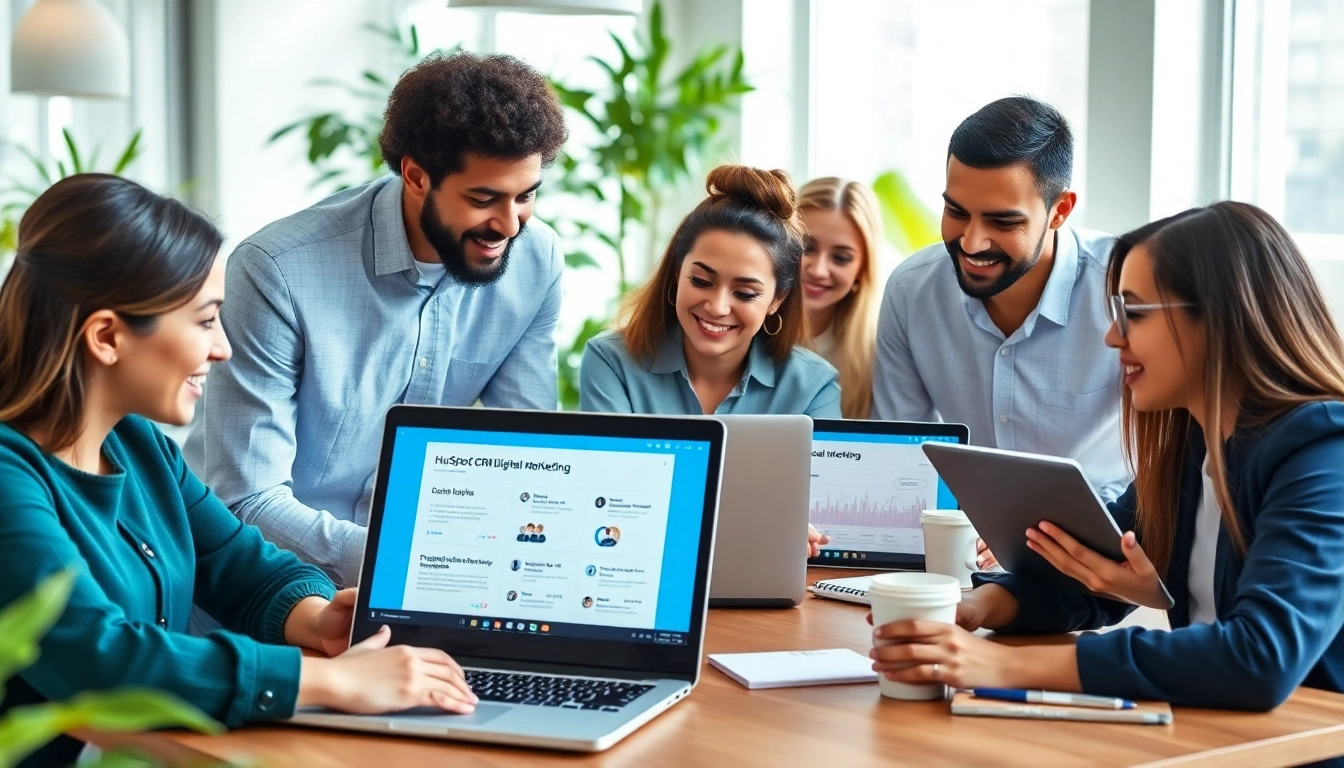Engaged professionals using hubspot crm free in a bright office setting to enhance collaboration.