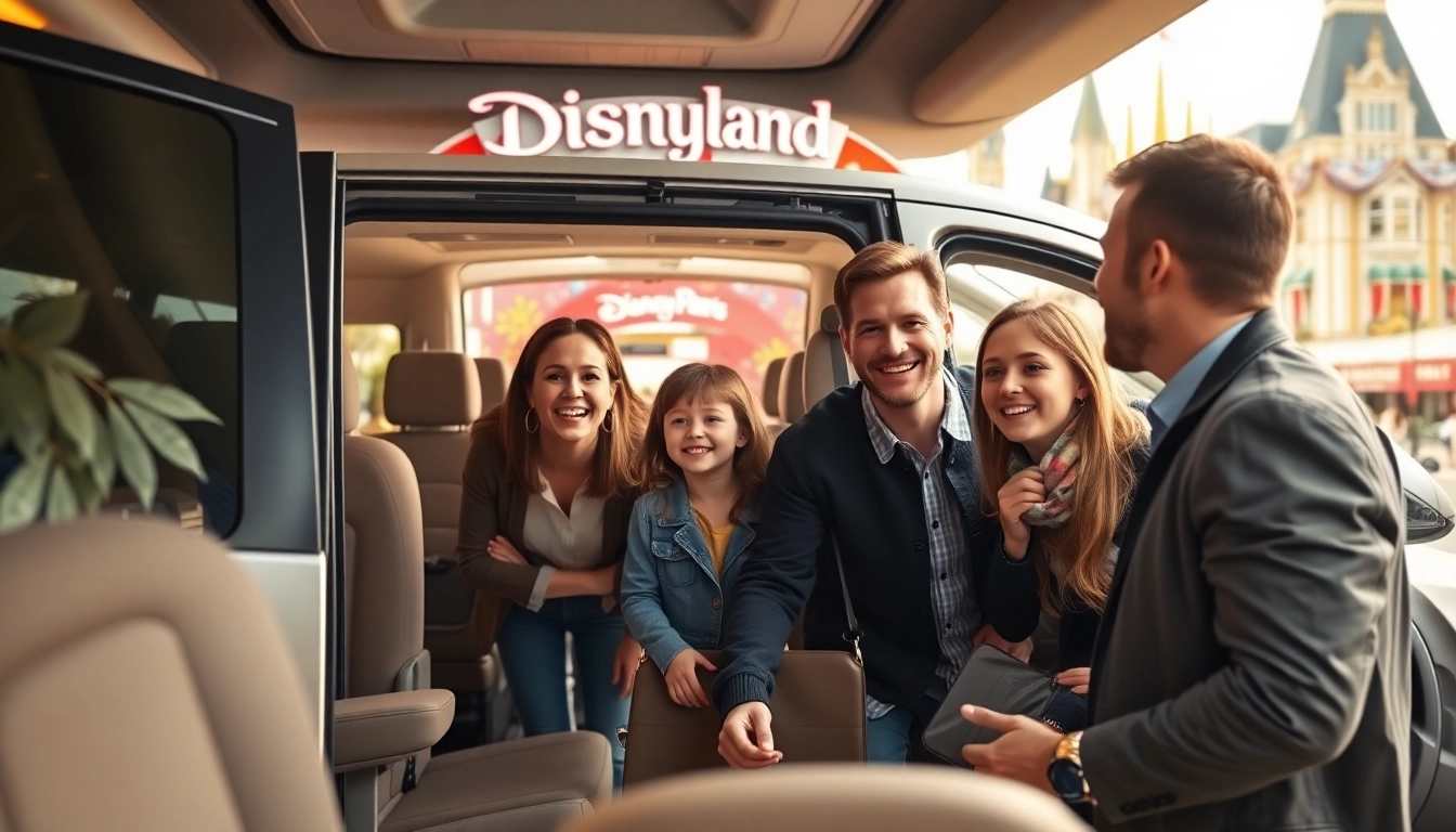 Experience seamless Disneyland Paris airport transfer services with a happy family joyfully boarding their van.