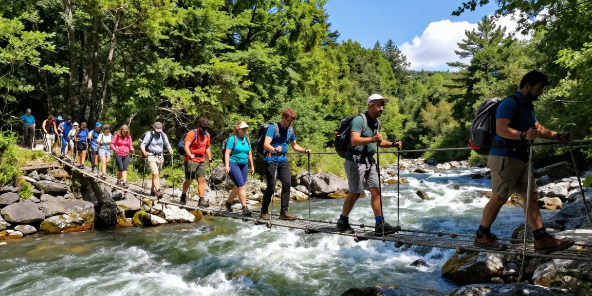 River Rope Bridge crossing with hikers in outdoor gear surrounded by nature's beauty.